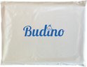 Witte verpakking met het blauwe 'Budino'-logo en een beertje.