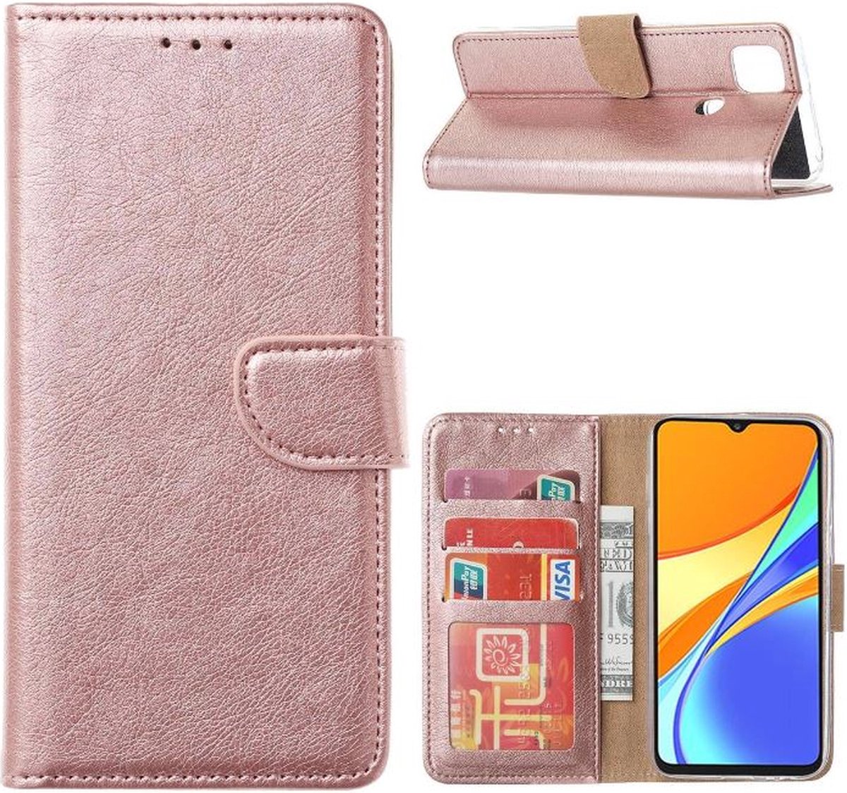LuxeBass Hoesje geschikt voor Xiaomi Redmi 9A - Bookcase Rose Goud - portemonnee hoesje gsm hoesje - telefoonhoes - telefoonhoesjes