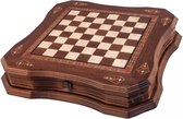 Handgemaakte houten schaakbord met opbergsysteem - Metalen Schaakstukken - Luxe uitgave - Schaakspel - Schaakset - Schaken - Chess - 38,5 x 38,5 cm