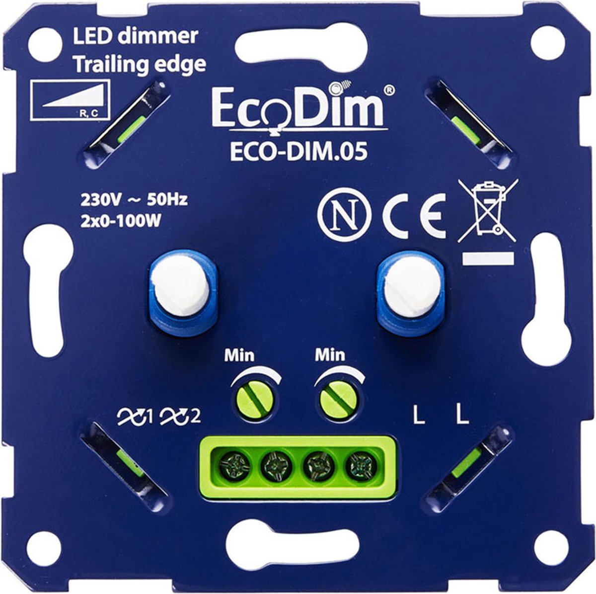 EcoDim duo led dimmer, ECO-DIM.05, druk/draai, kleine inbouwdiepte, 2x 100W LED, bijpassend afdekmateriaal verkrijgbaar
