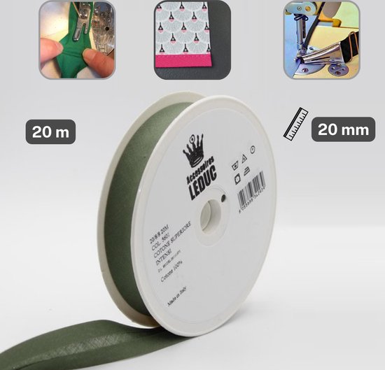 Kaki katoenen biasband van 20 meter op een rol, 20 mm breed. Ook inzetbaar voor naaien.
