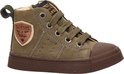 Olijfgroene enkelboot van leer met bruine rubberen neus, vetersluiting en Shoesme Vintage embleem.