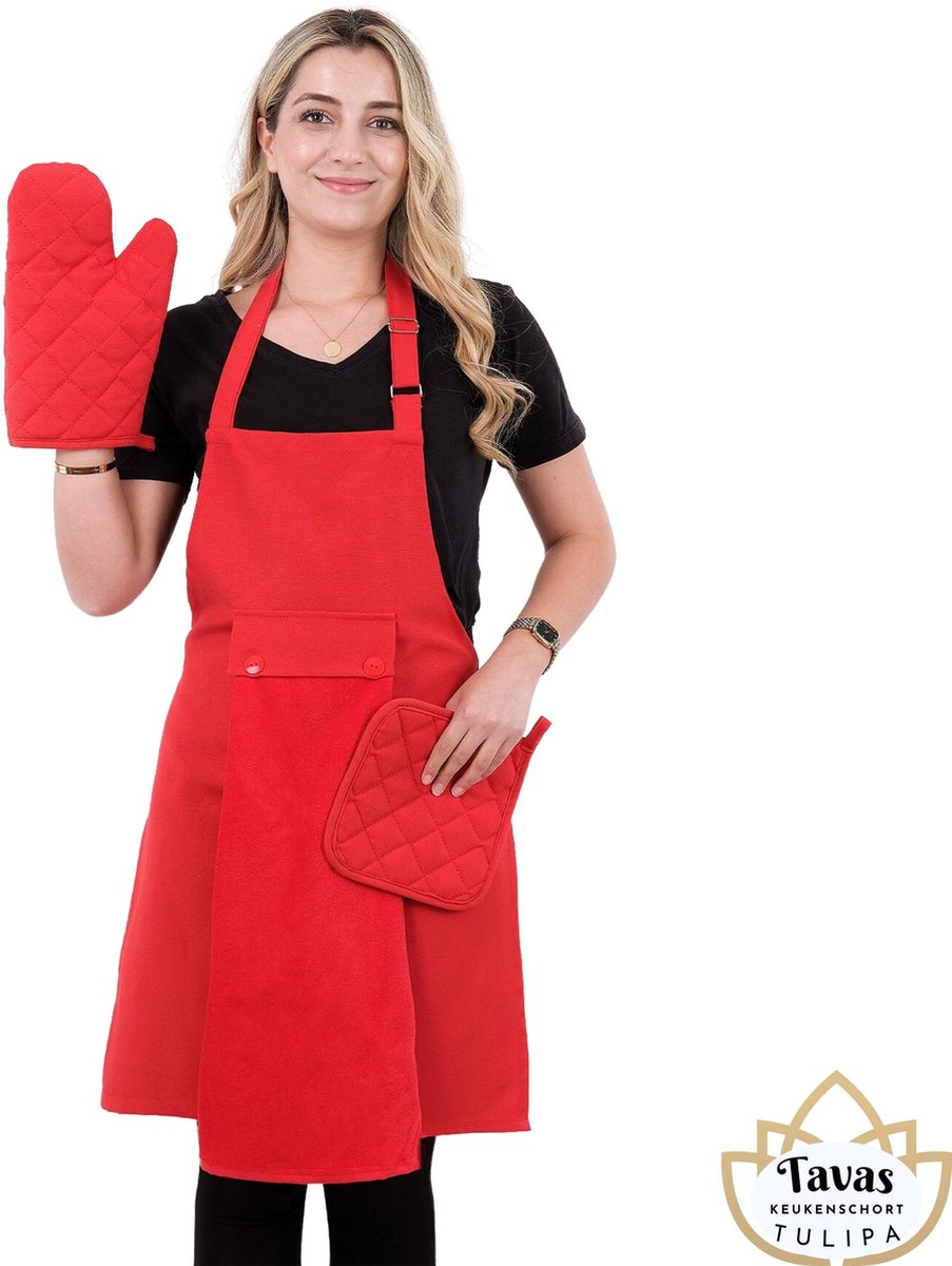 Tulipa rode Keukenschort Set van 5 met rode Handdoek en Ovenwanten Pannenlappen Professioneel Verstelbaar Kookschort BBQ Schort Horecakwaliteit Schorten voor vrouwen One Size Fits All