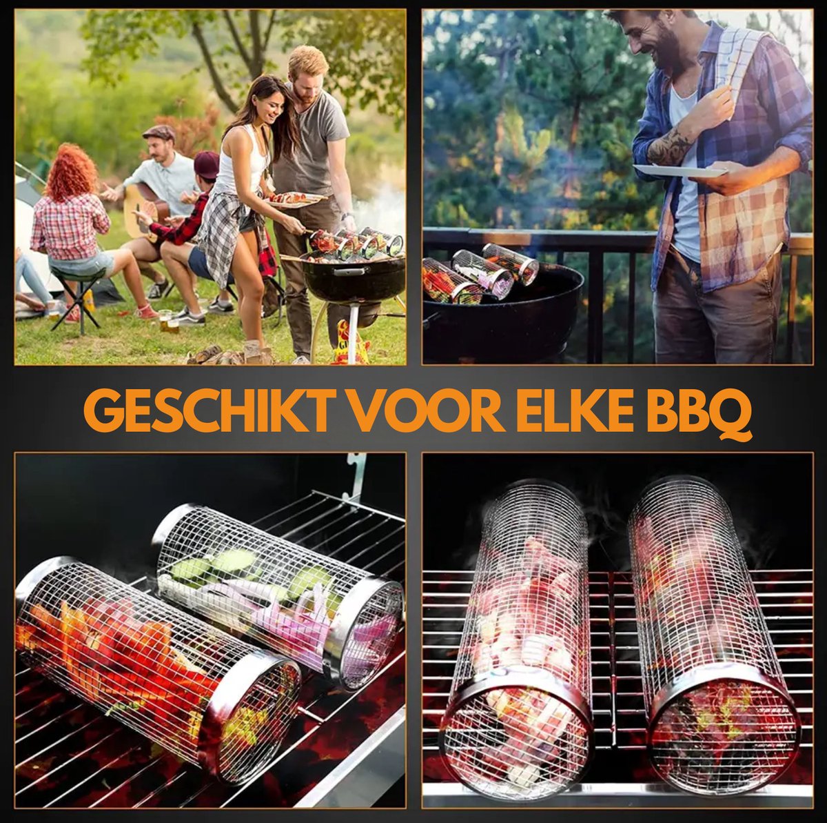 ivtivfu Nestable Rollend Grillmand, Afneembare Houten Handgreep, Roestvrij Staal 304, BBQ