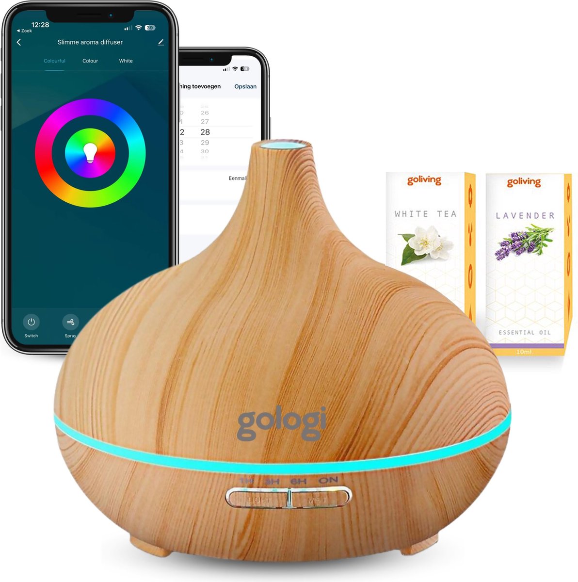Goedkoopste Gologi Slimme Aroma Diffuser - 550ML - Luchtbevochtiger - Geurverspreider - LED verlichting - Incl. 2 Etherische Oliën - Lichtbruin