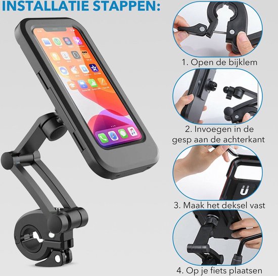 Installatiestappen voor fiets telefoonhouder: Open klem, voeg telefoon toe, maak deksel vast en plaats op fiets.