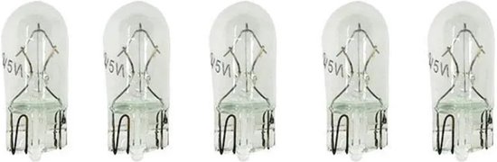 Vijf doorzichtige T10 W5W 12V 5W lampen met zichtbaar gloeidraad