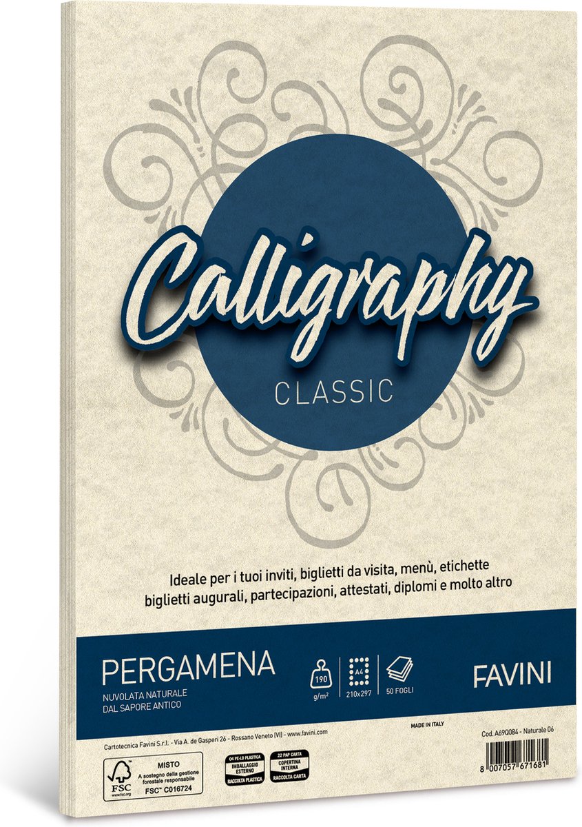 Favini® – 50 Vel Perkamentpapier A4 – Naturelwit – 190 g/m² – Voor Inkjetprinter – FSC – Pergamena Calligraphy Naturel – Gemaakt in Italië