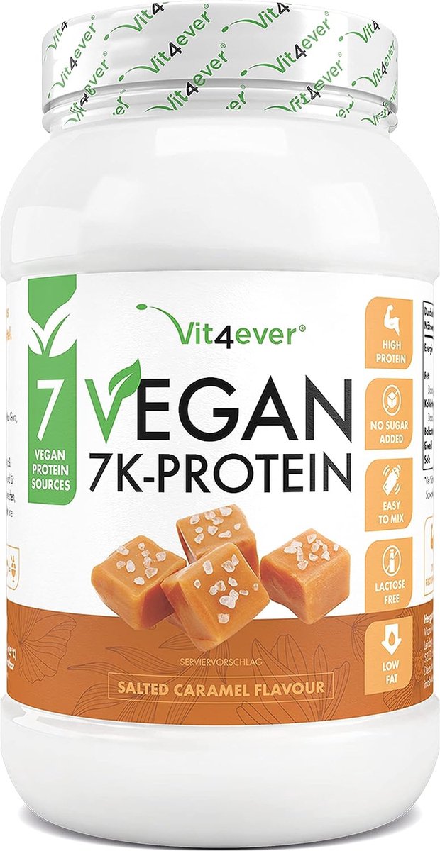 Vit4ever - Vegan 7K Protein - 1kg - Salted Caramel Smaak - Zuiver plantaardig proteïnepoeder met rijst-, amandel-, soja-, erwten-, hennep-, veenbessen- en zonnebloemproteïnen