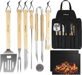 Grillbestekset, 10-delige grillaccessoires met grilltang, grillborstel, grillmat, grillschort, vleesvork, grillmes, van hoogwaardig roestvrij staal met extra lange houten handgreep