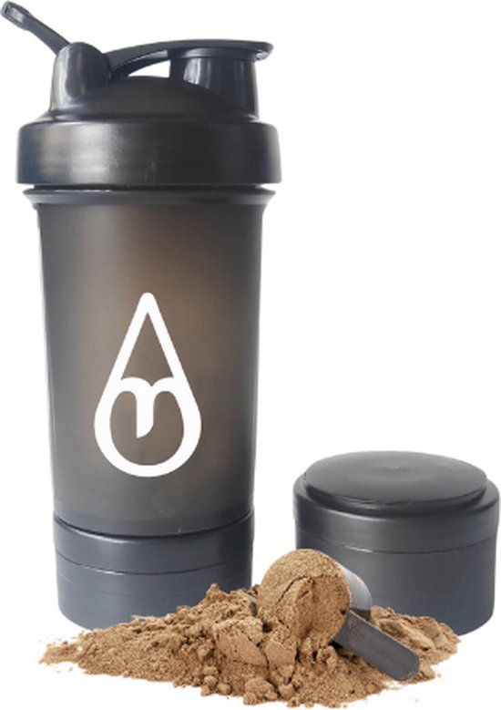 Shakebeker met poedercompartiment - Motivai® - Zwart - Shaker - 3 delige shaker - 600ml - Motivatie Waterfles - Voor het maken van Shake's - Ook voor supplementen - extra compartimenten voor eiwit en preworkout en/of pillen - met shakebal