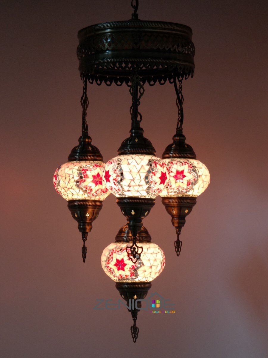 Turkse Lamp - Hanglamp - Mozaïek Lamp - Marokkaanse Lamp - Oosters Lamp - ZENIQUE - Authentiek - Handgemaakt - Kroonluchter - Roze - 4 bollen
