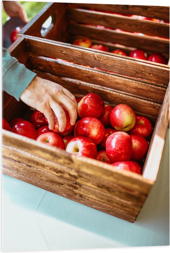 Acrylglas - Krat - Fruit - Appels - Hand - Hout - 70x105 cm Foto op Acrylglas (Met Ophangsysteem)