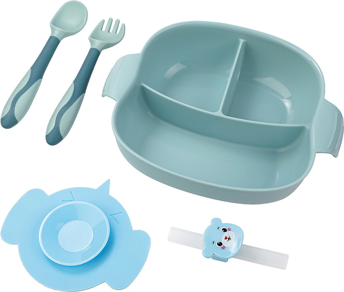 4-delig Plastic Servies Set Blauw - Plastic Servies Set - Babyservies - Kinderservies - Baby Bord Zuignap - Onbreekbaar