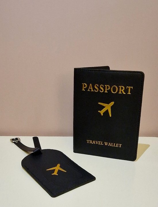 Couverture de passeport avec étiquette de bagage - Zwart avec or - Porte-passeport - Couverture de passeport - Accessoires de voyage - Étiquette de bagage - Étiquette de bagage - Set - Passeport et étiquette - Vacances