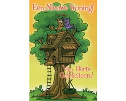 Een nieuwe woning! Van harte gefeliciteerd! Een kaart met een woning in de bomen waar jullie verliefd bij elkaar staan op het huis. Leuk om zo te geven of om bij een cadeau te voegen. Een dubbele wenskaart inclusief envelop en in folie verpakt.