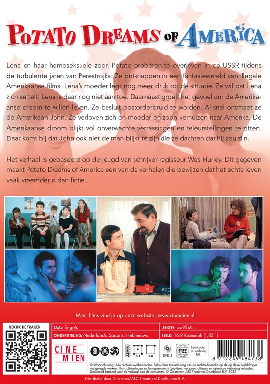Drie scènes uit de film Potato Dreams of America: een groep jongeren, twee mannen die naar elkaar kijken, en twee mannen die elkaar omhelzen.
