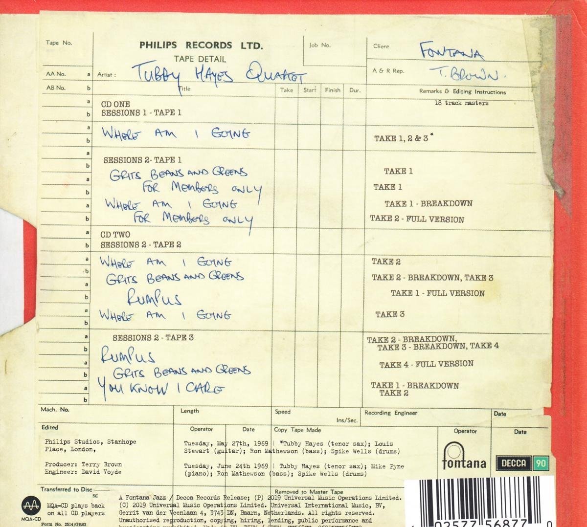 Grits Beans And Greens, Tubby Hayes Quartet CD (album) Muziek