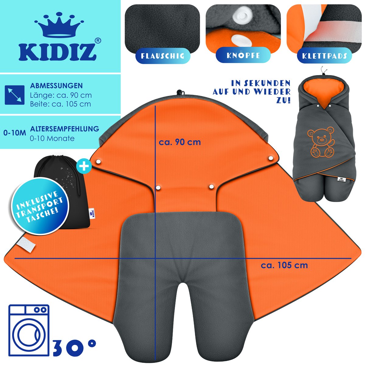 KIDIZ® Baby Slaapzak voor Buggy Voetenzak voor Autostoeltje & Wandelwagen Babyschaal, voor Winter met Kap + Babyslaapzak Deken voor Maxi-Cosi & Kinderwagen alle Gordelsystemen 3 & 5-Puntsgordel - Antraciet / Oranje – foto 7