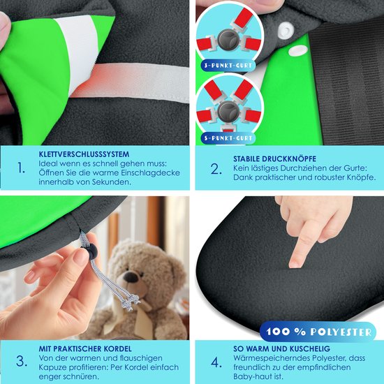 KIDIZ® Baby Slaapzak voor Buggy Voetenzak voor Autostoeltje & Wandelwagen Babyschaal, voor Winter met Kap + Babyslaapzak Deken voor Maxi-Cosi & Kinderwagen alle Gordelsystemen 3 & 5-Puntsgordel - Antraciet / Groen van Merkloos — afbeelding 2