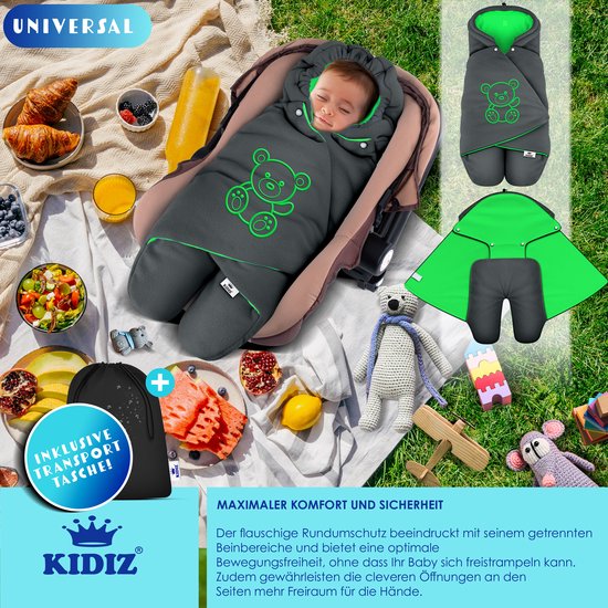 KIDIZ® Baby Slaapzak voor Buggy Voetenzak voor Autostoeltje & Wandelwagen Babyschaal, voor Winter met Kap + Babyslaapzak Deken voor Maxi-Cosi & Kinderwagen alle Gordelsystemen 3 & 5-Puntsgordel - Antraciet / Groen van Merkloos — afbeelding 4