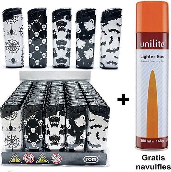 Unilite Aanstekers 50 stuks in tray - Peace print - navulbaar klik aansteker - electronic lighters + gas fles