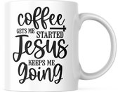 Grappige Mok met tekst: Coffee Gets Me Started, Jesus Keeps Me Going | Grappige Quote | Funny Quote | Grappige Cadeaus | Grappige mok | Koffiemok | Koffiebeker | Theemok | Theebeker