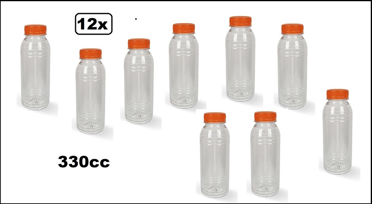 12x Flesje helder 330cc met oranje dop- vernieuwd - gerecycled drinken jus sinas cola sappen dranken