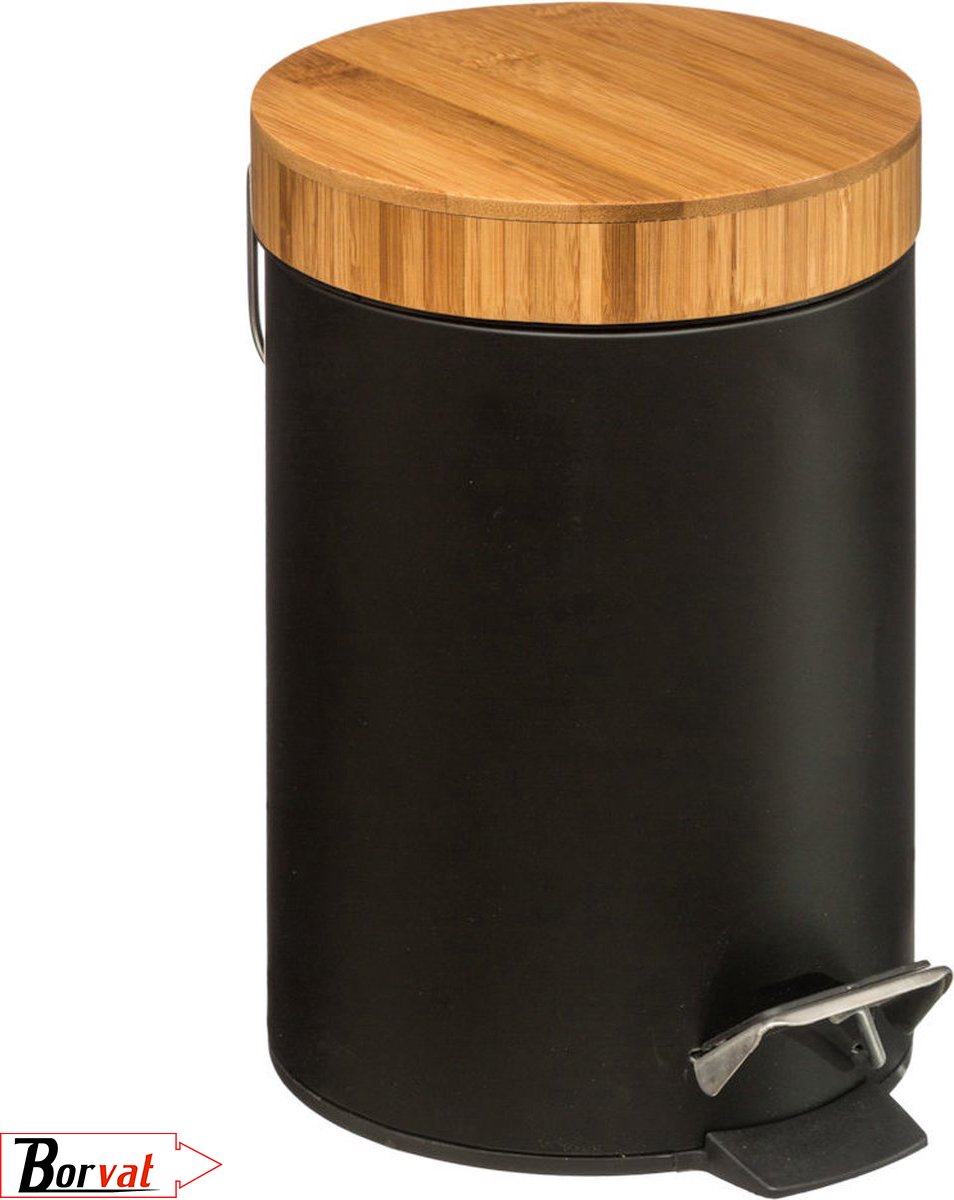 Borvat® | Stijlvolle prullenbak met bamboe deksel | Zwart / hout | Klein formaat | 3L | badkamer / wc / keuken / kantoor prullenbak