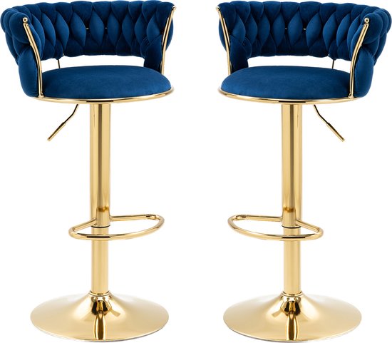 Merax Set de 2 Tabourets de bar de Luxe – Tabouret de bar – Chaise de bar avec repose-pieds et dossier – Blauw avec or