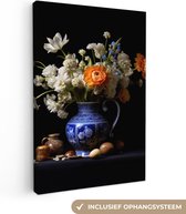 Canvas Schilderij Bloemen - Delfts blauw - Schenkkan - Stilleven - Hollands - 60x90 cm - Wanddecoratie