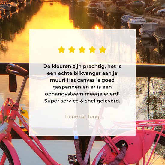 Peinture sur toile Amsterdam - Canal - Coucher de soleil - Fleurs - Vélo - 80x120 cm - Décoration murale