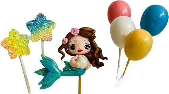 Luna Balunas Zeemeermin Taarttopper Parel - Cake Decoratie Feestversiering - Mermaid verjaardag met gekleurde ballonnen en sterren