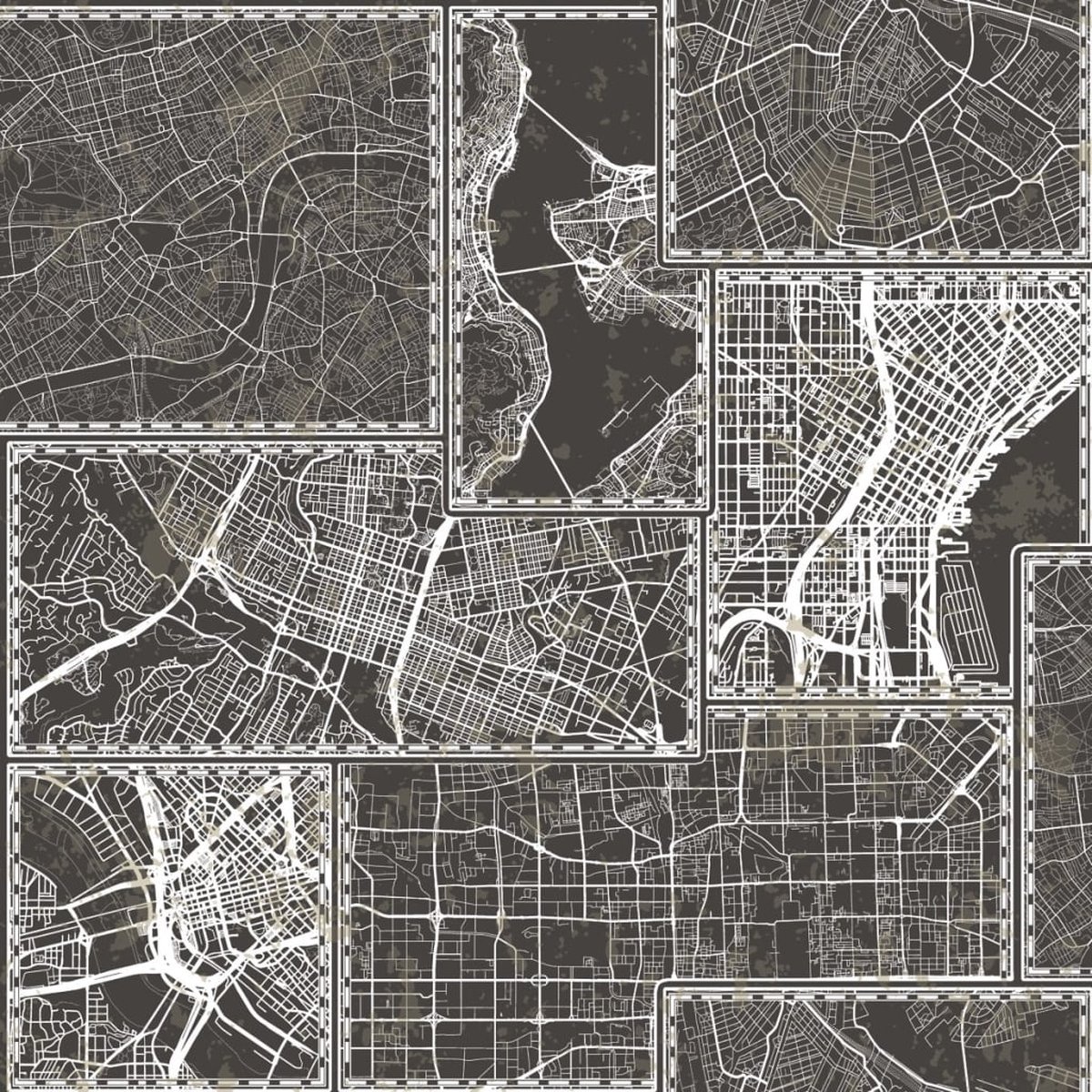 Urban Friends & Coffee Behang stadskaart zwart en grijs 10 x 0,53 m (L x B)