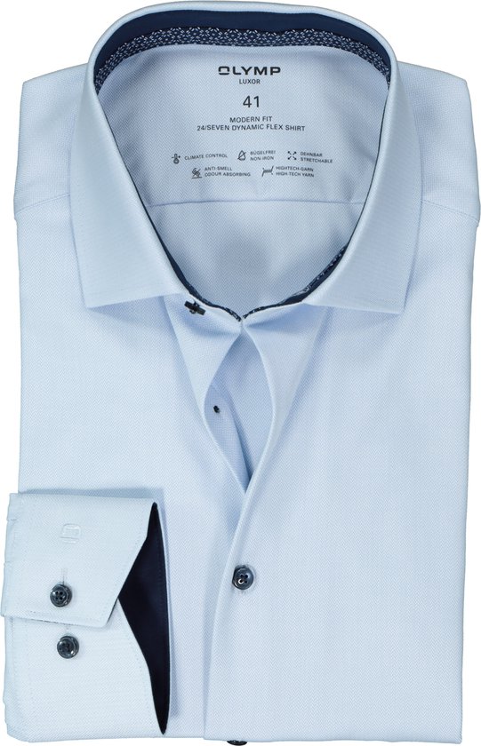 OLYMP 24/7 modern fit overhemd - herringbone - lichtblauw (contrast) - Strijkvriendelijk - Boordmaat: 46