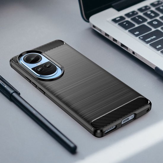 Coque Oppo Reno10 Pro - MobyDefend TPU Gel Case - Métal Brossé + Aspect Carbone - Blauw - Housse de Protection pour Téléphone Portable - Coque de Téléphone Adapté pour : Oppo Reno10 Pro