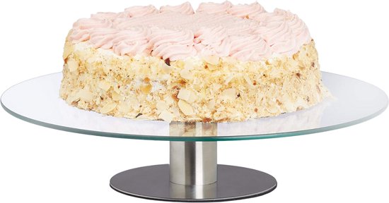 Foto: Cheqo draaibaar taartplateau taartschaal taart standaard cake stand serveertoren etagere 30cm diameter rvs voet stevige glasplaat lichtgewicht draaibaar lange levensduur luxe uitvoering glas