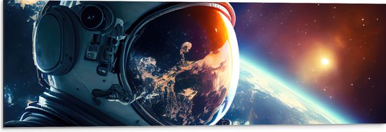 Dibond - Astronaut - Galaxy - Sterren - Aarde - 90x30 cm Foto op Aluminium (Met Ophangsysteem)