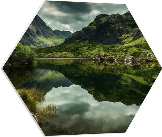 PVC Schuimplaat Hexagon - Bergen - Bomen - Water - Natuur - Gras - 60x52.2 cm Foto op Hexagon (Met Ophangsysteem)