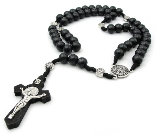 Rozenkrans zwart en zilverkleurig met grote houten kralen en kruis met Jezus