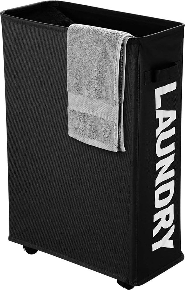 Goedkoopste Wasmand met wieltjes, small wasmand voor kleine neten - opvouwbare wasmand met handvat, rechthoekig ruimtebespare wasmand 600D-stof voor badkamer, wasruimte, 39 x 18,5 x 58 cm, 40 liter, zwart