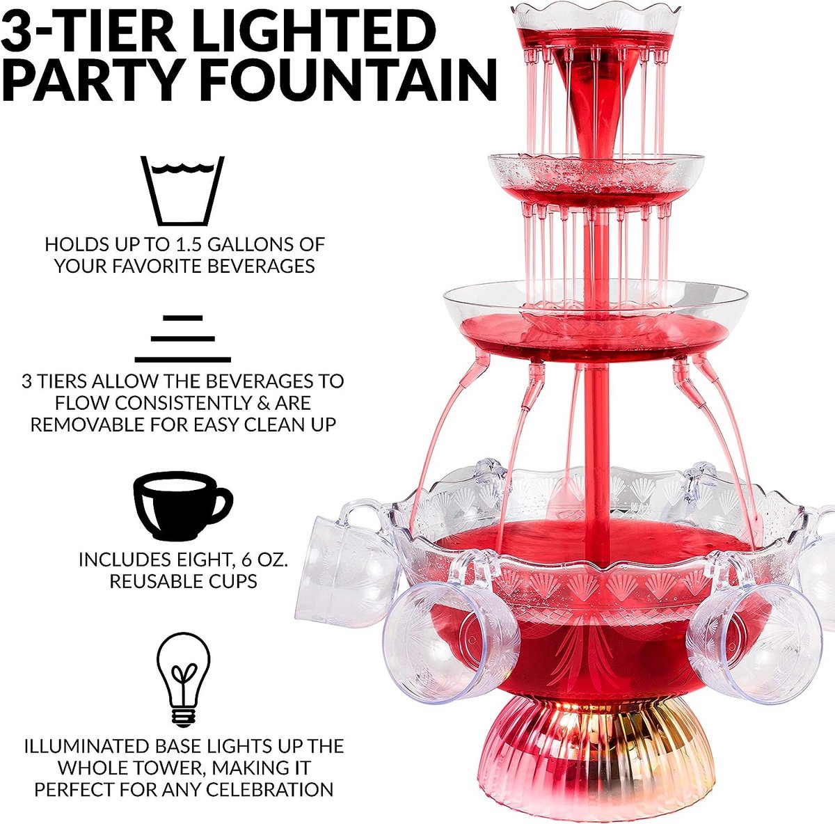 3-Tier Party Fontein, Rode Wijn Drink Fonduefontein met (1,5 Gallons) 5 Kopjes en LED Verlicht voor Feest Viering Thuis Verjaardag