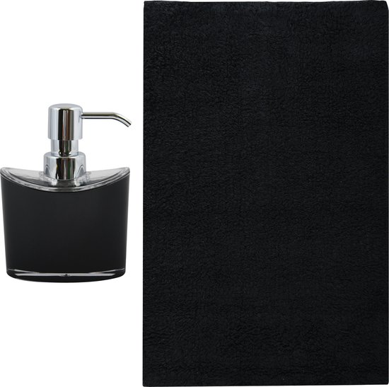 MSV badkamer droogloop mat/tapijt - Sienna - 40 x 60 cm - bijpassende kleur zeeppompje - zwart