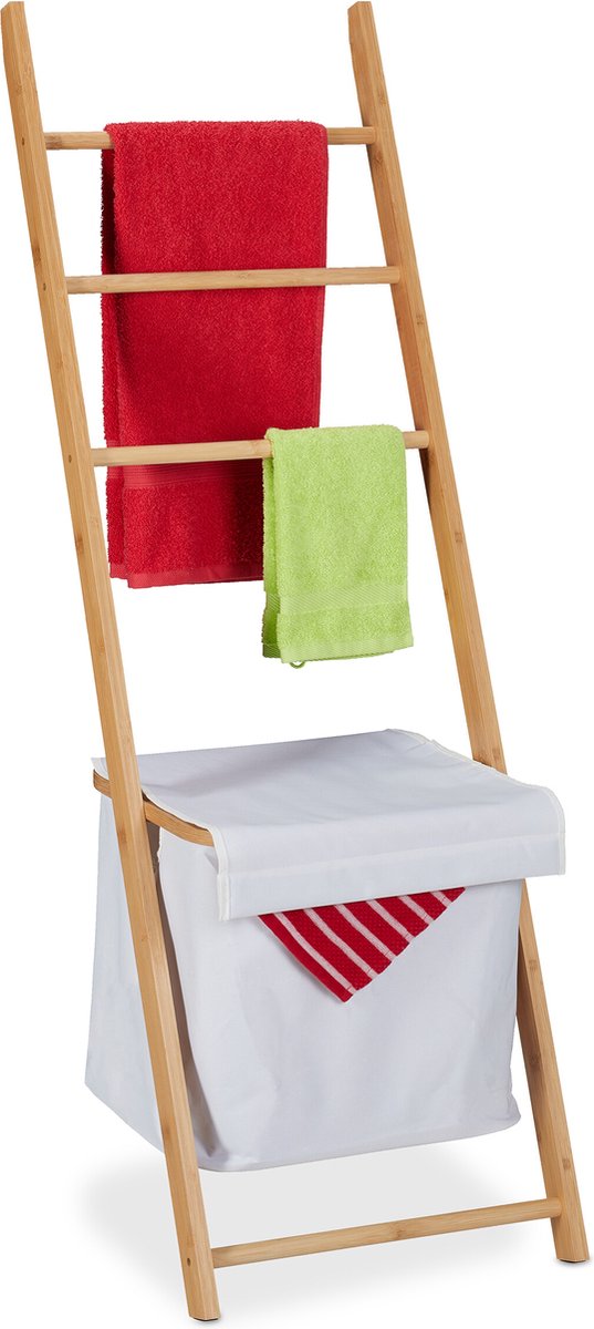 Relaxdays handdoekladder met wasmand - staand handdoekenrek bamboe - handdoekstandaard