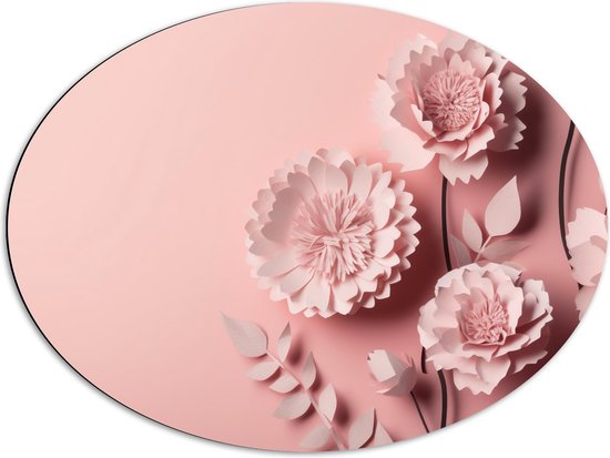 Dibond Ovaal - Papieren Roze Bloemen op Roze Achtergrond - 80x60 cm Foto op Ovaal (Met Ophangsysteem)