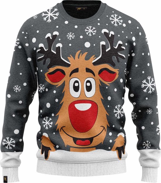 JAP Christmas Kersttrui voor kinderen (maat 122/128) - 100% Gerecycled - Kriebelt niet - Kerstcadeau - Foute Kersttrui jongens en meisjes (7/8 jaar) - Rudolf het Rendier - Grijs