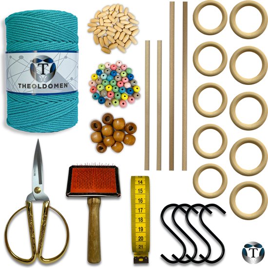Deluxe Macramé Pakket | Teal | 200 METER | Triple Twist | 3mm | Starter Set | Schaar | S-haken | Kam | Meetlint | Ringen | Kralen | Stokken | Macramé Touw | 100% Katoen | DIY | Macramé | Wandkleed | Plantenhanger | TheOldOmen