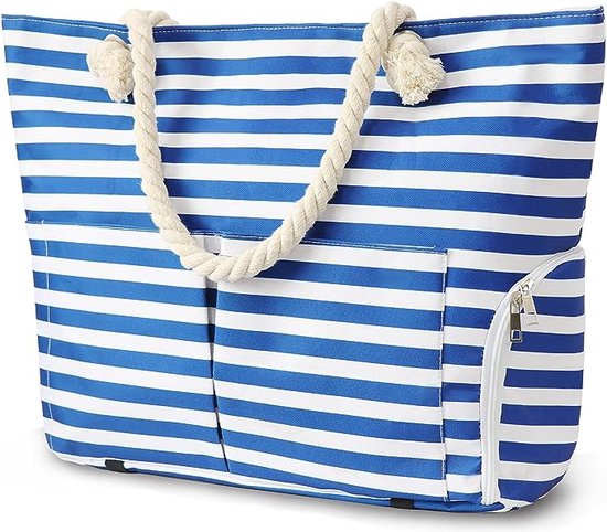 Sac de plage XXL, 30 litres, grand cabas zippé avec compartiment à chaussures, sac de plage étanche, sac de plage pour plage, voyage, piscine, shopping, Rayures Blauw & blanc