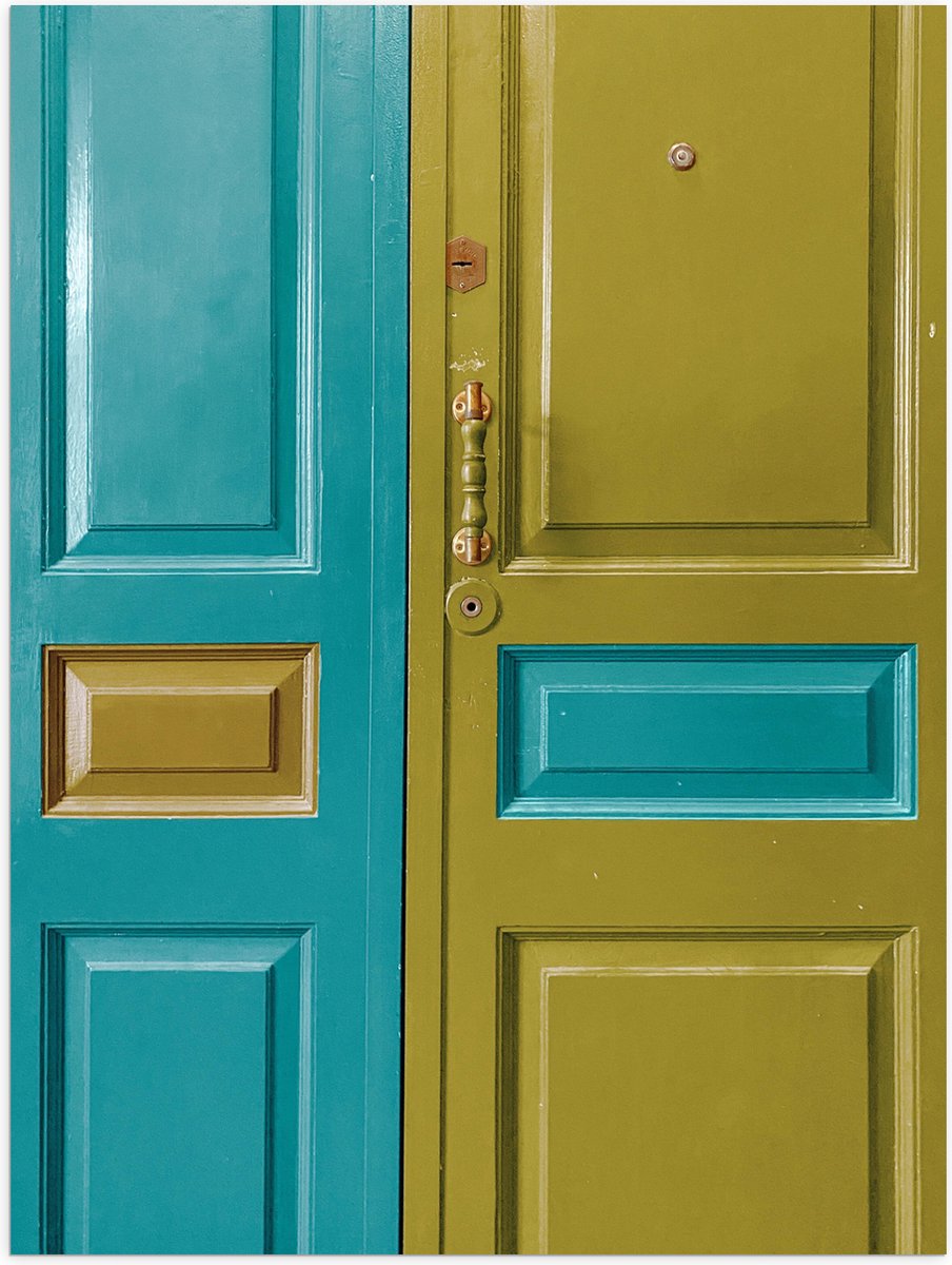 Poster (Mat) - Deur - Deurklink - Groen - Blauw - 75x100 cm Foto op Posterpapier met een M