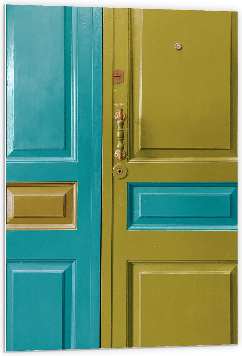 PVC Schuimplaat- Deur - Deurklink - Groen - Blauw - 60x90 cm Foto op PVC Schuimplaat